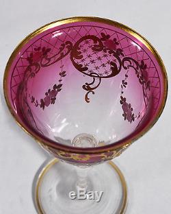 Set 4 Antique Venetian Glass Wine Goblets Enameled Pink Roses & Gold Tracery