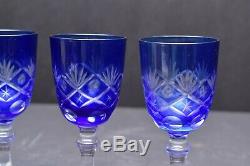 Set 4 Bohemian Czech Cut To Clear Cobalt Blue Crystal Wine Goblet Stem Glasses