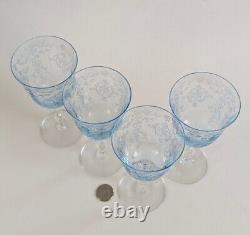 Set 4 FOSTORIA NAVARRE Blue Etched Wine Glasses Vintage MINT