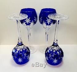 Set 4 Star Of Midnight Cobalt Blue Cased Cut To Clear Crystal Wine Glass Hocks