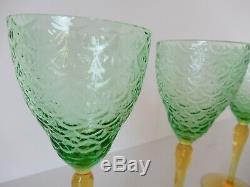 Set (5) semi-antique green & amber vaseline glass wine glasses