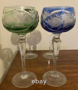 Set 6 BOHEMIAN Coloured CRYSTAL CUT GLASS HARLEQUIN HOCK WINE GLASSES VGC GRAPES