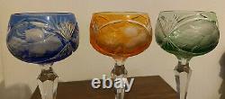 Set 6 BOHEMIAN Coloured CRYSTAL CUT GLASS HARLEQUIN HOCK WINE GLASSES VGC GRAPES
