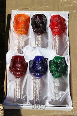 Set 6 Bohemia czech crystal glass wine glasses multi coloured original boxed 60s