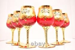 Set 6 Bohemian Murano Venetian Ruby Red Enamel Painted Wine Glass Goblets Gold