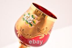 Set 6 Bohemian Murano Venetian Ruby Red Enamel Painted Wine Glass Goblets Gold