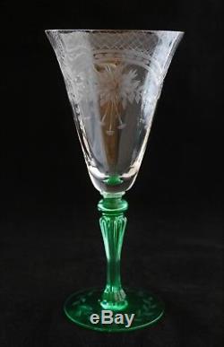 Set 6 Hawkes Tiffin Water Wine Goblets Green Stem Cut Glass Engraved