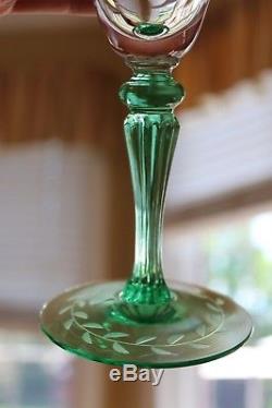Set 6 Hawkes Tiffin Water Wine Goblets Green Stem Cut Glass Engraved