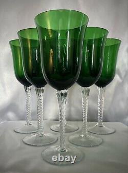 Set 6 MidCentury Venetian Emerald Green Crystal 9 Wine Glasses Twist Stem