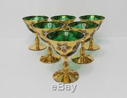 Set 6 Murano 24k Gold Gilt Emerald Green Venetian Hand Painted Floral Wine Glass