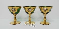 Set 6 Murano 24k Gold Gilt Emerald Green Venetian Hand Painted Floral Wine Glass