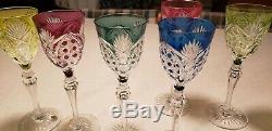 Set (6) Val St Lambert Crystal Wine Glasses colored Cut to Clear 8.5