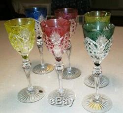 Set (6) Val St Lambert Crystal Wine Glasses colored Cut to Clear 8.5