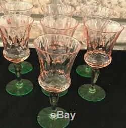 Set 7 Vintage Pink Green Watermelon Diamond Optic Wine Cordial Dessert Glasses
