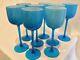 Set 8 Carlo Moretti Blue Cased Glass Wine Water Goblets MCM Murano Art Glass