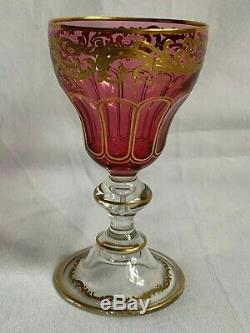 Set 8 Victorian Bohemian Moser Cranberry Cut Gilt Wine Hock Stems