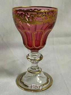 Set 8 Victorian Bohemian Moser Cranberry Cut Gilt Wine Hock Stems