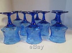Set 8 Vintage Empoli Italian Art Glasses BLUE OPTIC Water Goblets Stemmed Wines