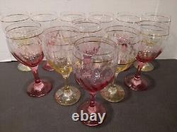 Set Of 12 Vintage Gobletstopaz Yellow & Rose Red Optic Wine Glasses Etched