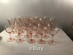 Set Of 23 Vintage Etched Pink Depression Glass Wine Glasses Stemware