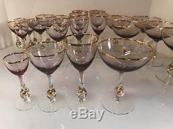 Set Of 24 Elegant Wine Glasses Atlas Amethyst Czechoslovakia Gold Trim Ball