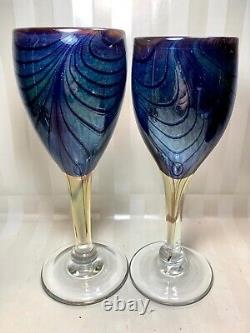 Set Of 2 Jim Bush Signed Hand Blown Wine Glasses Peacock Galaxy Design
