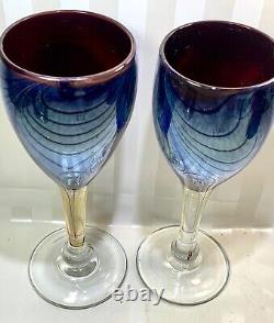 Set Of 2 Jim Bush Signed Hand Blown Wine Glasses Peacock Galaxy Design