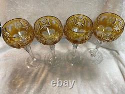 Set Of 4 Amber Cut To Clear Crystal Stemware Wine Glasses