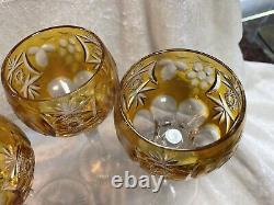 Set Of 4 Amber Cut To Clear Crystal Stemware Wine Glasses