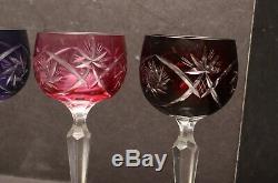 Set Of 4 Multi Colors Bohemian Czech Cut To Clear Crystal Wine Hocks Goblet Stem