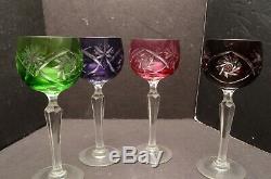 Set Of 4 Multi Colors Bohemian Czech Cut To Clear Crystal Wine Hocks Goblet Stem