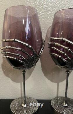 Set Of 4 Skeleton Hand Wine Glasses Purple Glass With Metal Halloween NEW