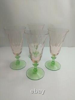 Set Of 4 Tiffin Watermelon Pink & Green Water Wine Desert Stem Glasses Antique