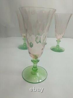 Set Of 4 Tiffin Watermelon Pink & Green Water Wine Desert Stem Glasses Antique
