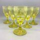 Set Of 6 Antique Lemon Uranium Glasses With Etched Grape & Vine Port Wine