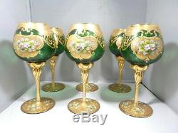 Set Of 6 Best Czech Bohemian Green And Gold 8 Inch Wine Glass With Floral Decor