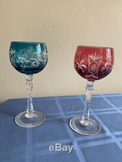 Set Of 6 Cut To Clear 8 Wine Goblets Cobalt Blue Ruby Red