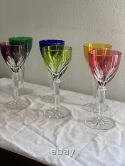 Set Of 6 Cut To Clear Crystal Wine Glass Multi Colors-Likely Faberge -unsigned