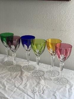 Set Of 6 Cut To Clear Crystal Wine Glass Multi Colors-Likely Faberge -unsigned