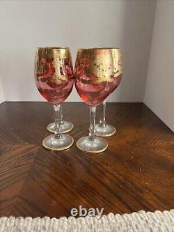 Set Of 6 J. Preziosi Lavorato A Mano Crystal Wine Glasses Etched With Gold