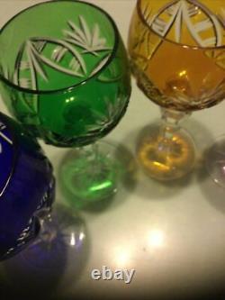 Set Of 6 Multi Color Cut To Clear Bohemian Crystal Wine Glasses