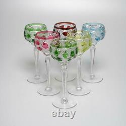 Set Of (6) Multi-color Geometric Cut To Clear Crystal Wine Hocks Glasses, 8.25