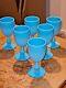 Set Of 6 Victorian Blue Milk Glass Wine Goblets / Wine Glasses Superb