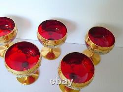 Set Of 7 Italian Murano Moser Like Red Enameled Wine Glasses