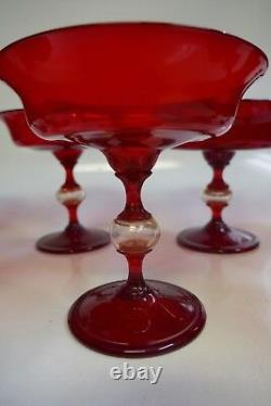 Set Of 7 Salviati Venetian Hand Blown Wine Stems In Red
