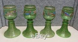 Set Of 8 Enamel & Gilt Bohemian Green Glass Wines Stems