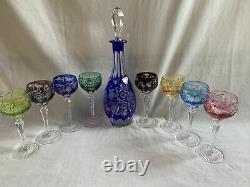 Set Of Eight Colored Vintage Nachtmann Hock Traube Wine Glasses And Decanter
