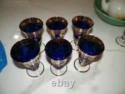 Set Of Six (6) Arte Italica Cobalt Blue & Gold Wine Goblets Glasses 5 3/4