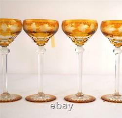 Set Of Six Bohemian Amber Cut To Clear Hock Wine Glasses Engraved Grape Vine