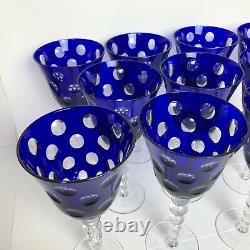 Set of 11 Cobalt Blue Clear Polka Dot Dotted Nude Stem Wine Glasses Goblets Bar
